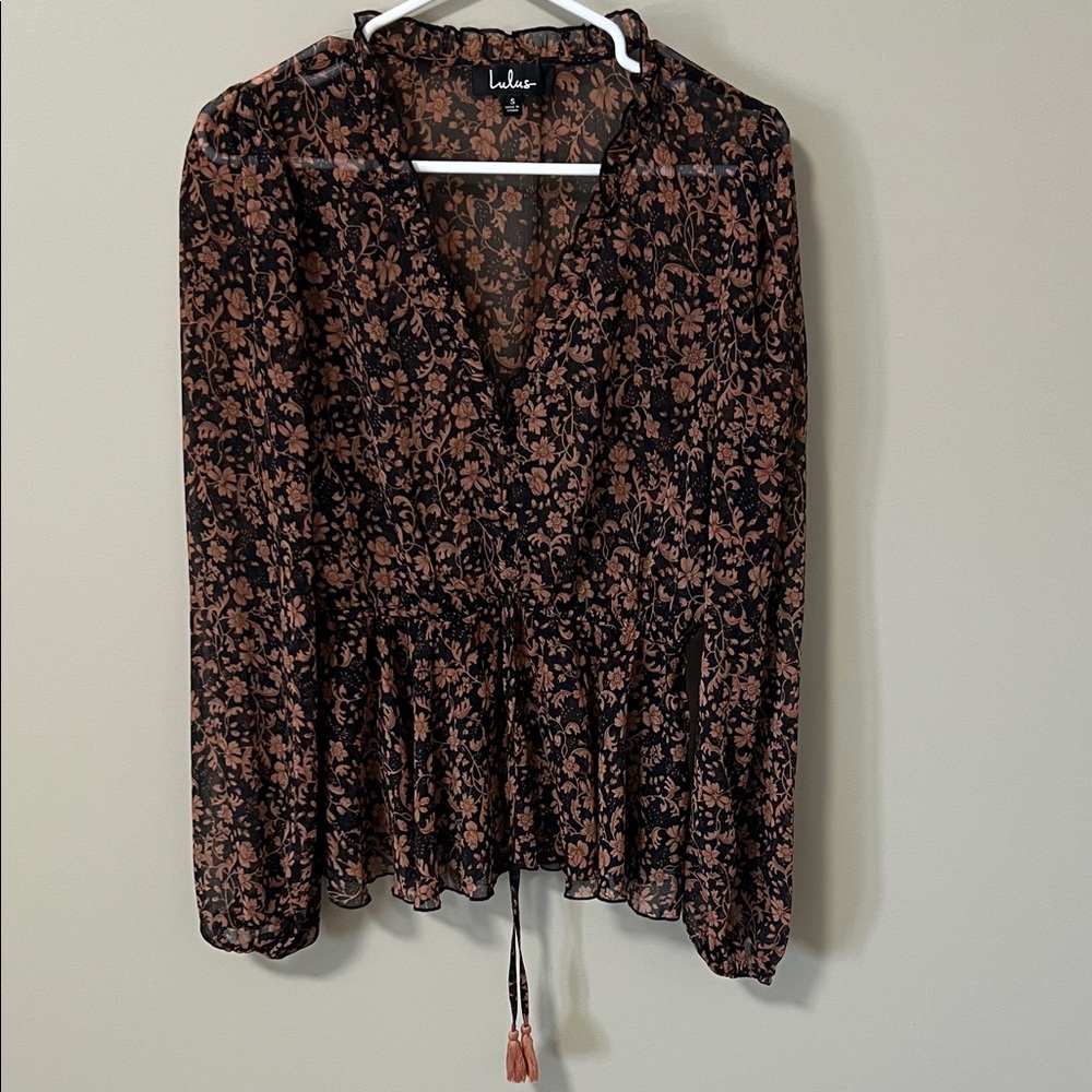 Lulu's She’s The Sweetest Black and Brown Floral Long Sleeve Sheer Blouse Size S - Picture 2 of 12